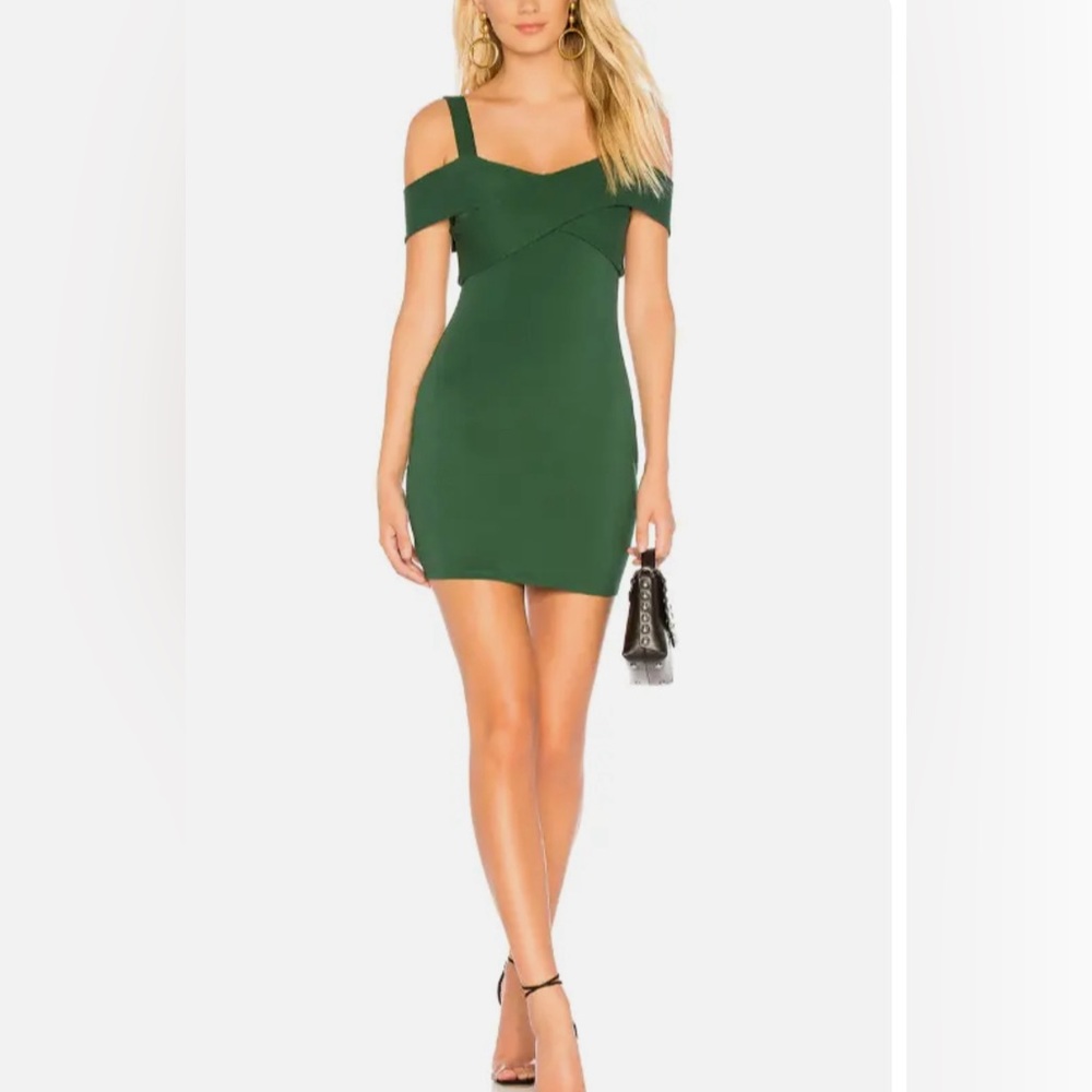 Revolve Emerald Off the Should Criss-Cross Mini Dress